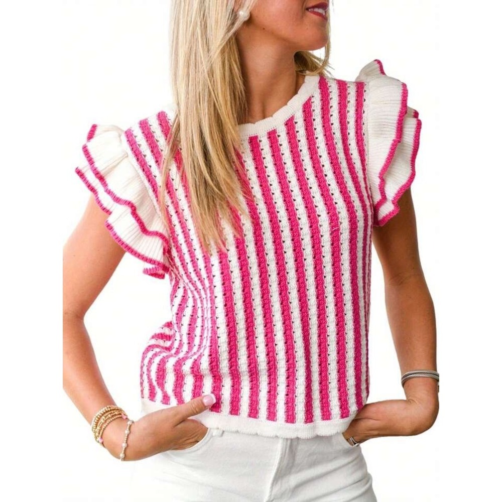 Entro Pink White Striped Ruffle Sleeve Cotton Knit Top Large stripes Bohemian